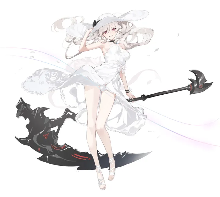 1girl,wind_lift,medium_breasts,arm_up,breasts,full_body,underwear,panties,sandals,solo,twintails,scythe,sun_hat,hat,holding_weapon,holding_scythe,hand_on_headwear,holding,sleeveless,simple_background,ass_visible_through_thighs,weapon,jewelry,white_panties,white_hair,white_headwear,white_background,white_dress,looking_at_viewer,vertical,standing,smile,pink_eyes,red_eyes,earrings,armpits,bare_arms,dress,long_hair,bare_shoulders,choker,wind,black_choker