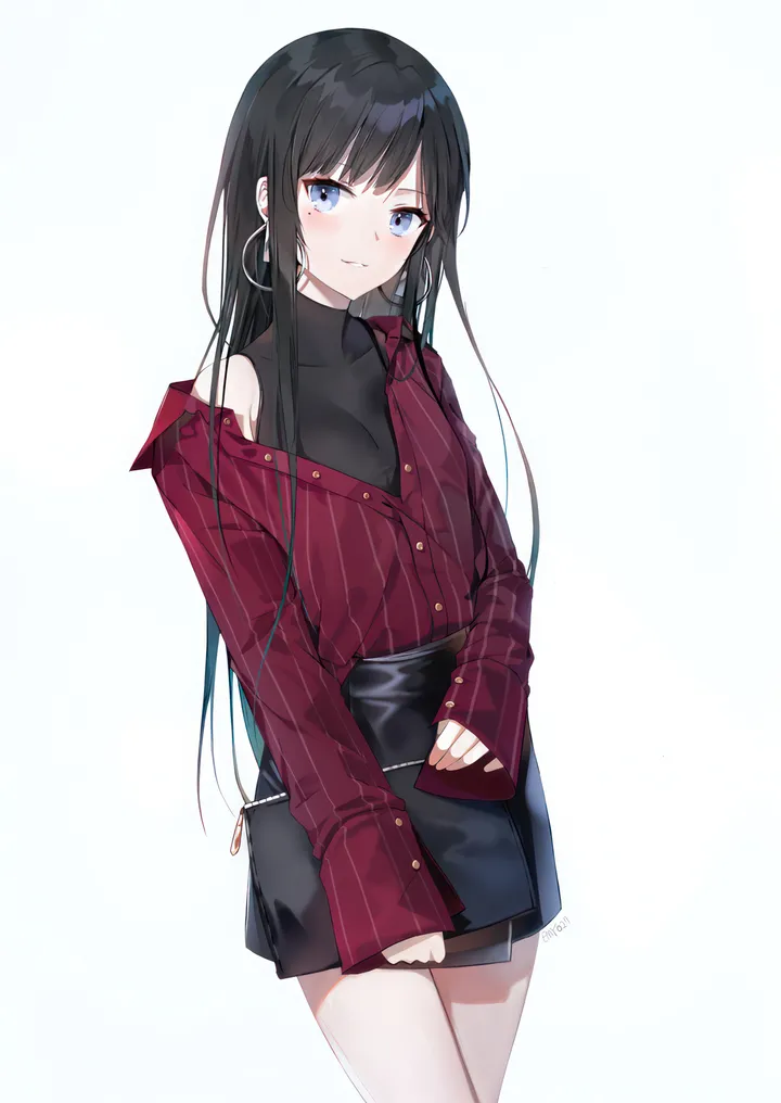 1girl,cowboy_shot,breasts,bangs,bag,solo,closed_mouth,jacket,very_long_hair,sleeveless,sleeveless_shirt,simple_background,striped,striped_shirt,mole_under_eye,hoop_earrings,jewelry,mole,white_background,looking_at_viewer,skirt,vertical,standing,smile,red_jacket,red_shirt,buttons,earrings,blush,blue_eyes,shirt,sleeves_past_wrists,open_clothes,miniskirt,pencil_skirt,long_hair,long_sleeves,off_shoulder,black_hair,black_skirt,black_shirt