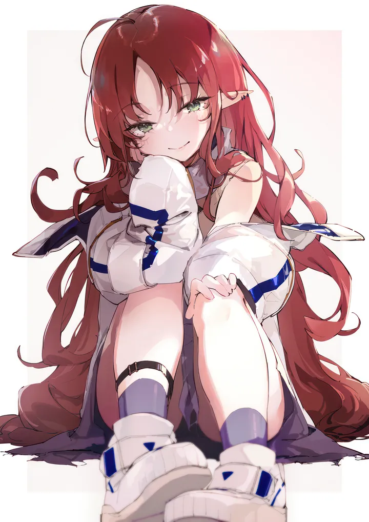 1girl,parted_bangs,bangs,solo,ahoge,closed_mouth,sitting,jacket,pointy_ears,very_long_hair,simple_background,white_jacket,white_background,white_footwear,looking_at_viewer,skirt,piercing,ear_piercing,vertical,smile,red_hair,green_eyes,sleeves_past_wrists,socks,open_clothes,long_hair,long_sleeves,off_shoulder,shoes