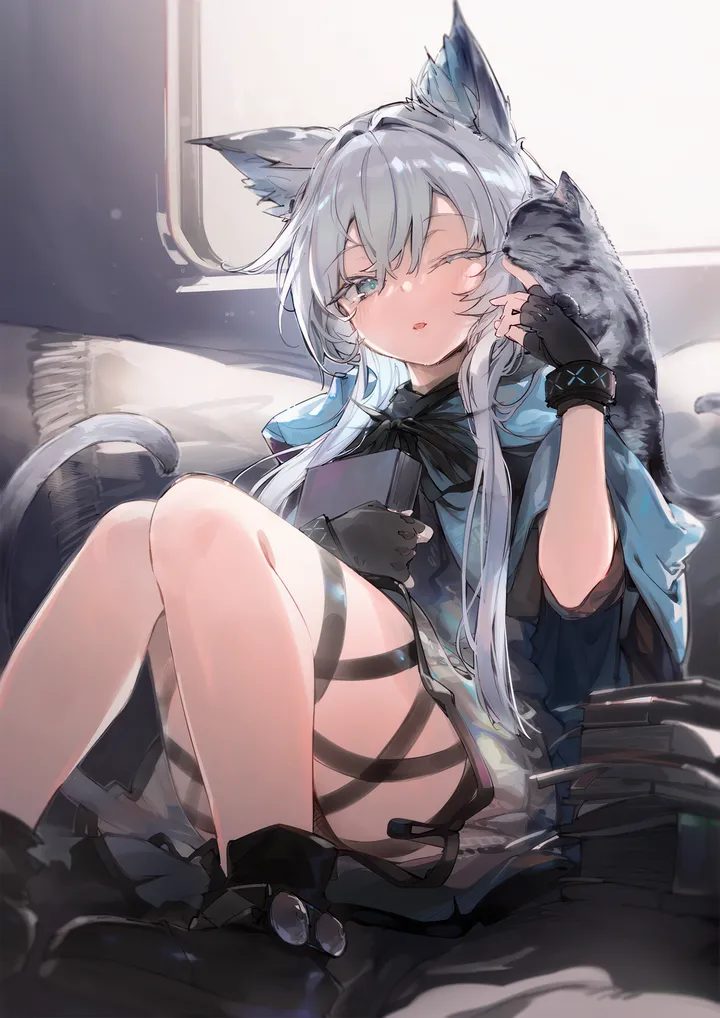 1girl,book,book_stack,animal_ears,bangs,animal,solo,sitting,thigh_strap,jacket,tail,hair_between_eyes,parted_lips,gloves,knees_up,holding,holding_book,fingerless_gloves,grey_hair,cat,cat_girl,cat_tail,cat_ears,white_hair,white_dress,looking_at_viewer,vertical,green_eyes,animal_ear_fluff,blue_eyes,dress,long_hair,boots,one_eye_closed,black_gloves,black_cat,black_footwear