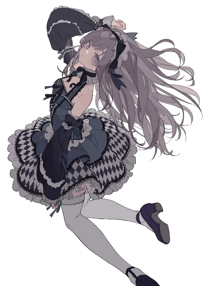 1girl,detached_sleeves,arm_up,breasts,full_body,bangs,solo,gothic_lolita,simple_background,checkered_clothes,lolita_fashion,grey_hair,white_background,white_thighhighs,looking_at_viewer,vertical,purple_eyes,frills,frilled_dress,thighhighs,dress,long_hair,long_sleeves,bare_shoulders,high_heels,black_footwear