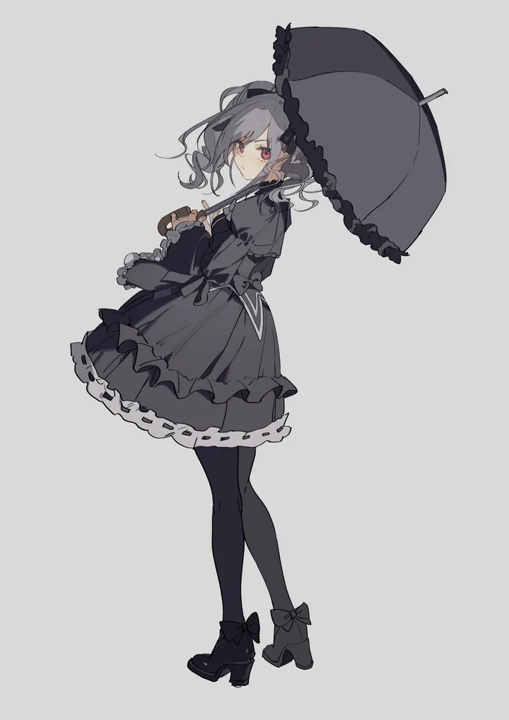 1girl,full_body,solo,twin_drills,twintails,gothic_lolita,holding,holding_umbrella,juliet_sleeves,simple_background,lolita_fashion,grey_hair,white_background,looking_at_viewer,vertical,red_eyes,blush,frills,frilled_dress,puffy_sleeves,bow,dress,pantyhose,drill_hair,long_sleeves,parasol,umbrella,high_heels,black_umbrella,black_dress,black_pantyhose,black_footwear