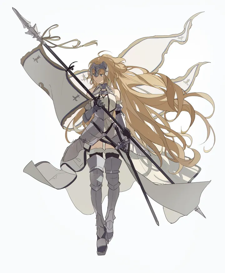 1girl,breasts,full_body,sword,solo,headpiece,very_long_hair,armored_dress,armored_boots,holding_weapon,gauntlets,holding,flag,simple_background,weapon,fur_trim,white_background,armor,looking_at_viewer,vertical,greaves,faulds,blue_eyes,thighhighs,dress,blonde_hair,chain,long_hair,polearm,boots,bare_shoulders