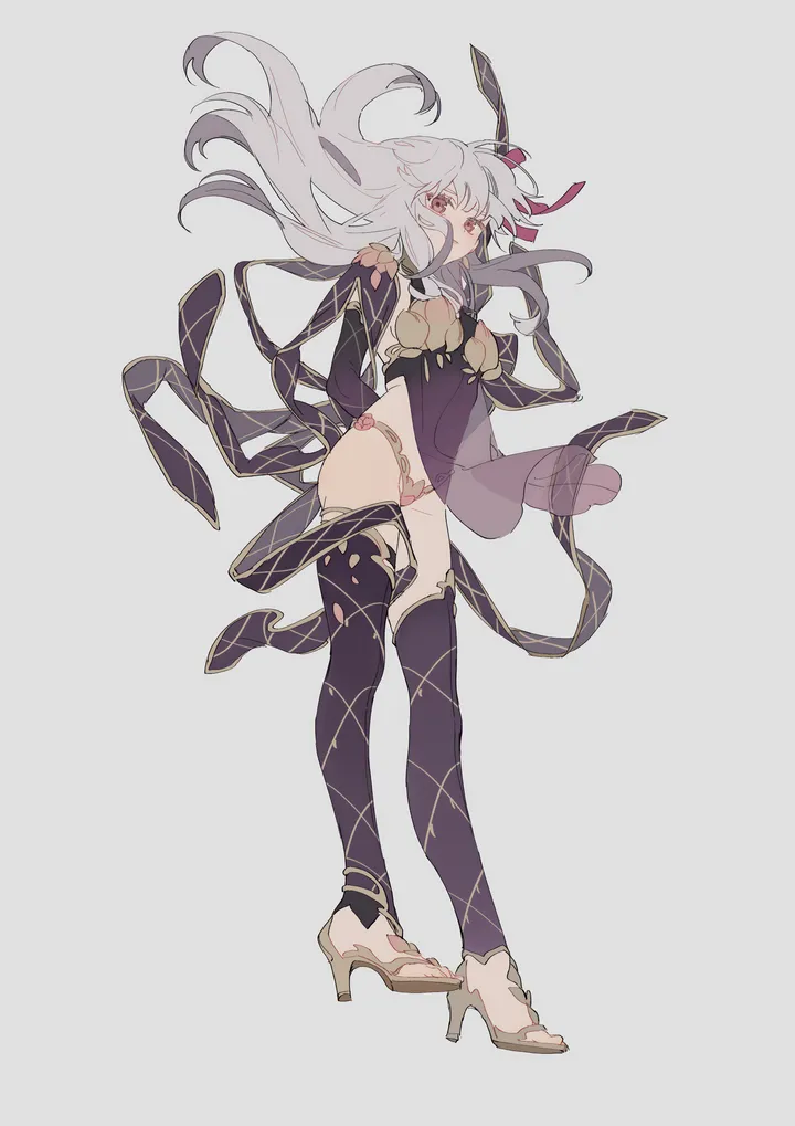 1girl,ribbon,breasts,full_body,bangs,solo,hair_ribbon,simple_background,bikini_armor,jewelry,white_hair,white_background,armor,looking_at_viewer,vertical,red_eyes,earrings,thighhighs,dress,metal_collar,long_hair,high_heels