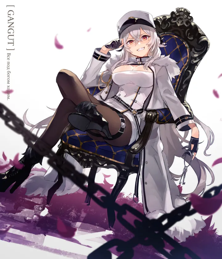 1girl,breasts,cleavage,crossed_legs,military_hat,military_uniform,bangs,uniform,solo,sitting,coat,thigh_strap,jacket,hat,hair_between_eyes,very_long_hair,gloves,partially_fingerless_gloves,holding,chair,fur_trim,fur-trimmed_coat,mole_under_eye,grey_hair,mole,white_coat,white_hair,white_headwear,belt,looking_at_viewer,vertical,smile,red_eyes,petals,large_breasts,pantyhose,chain,long_hair,long_sleeves,boots,grin,high_heels,black_gloves,black_pantyhose