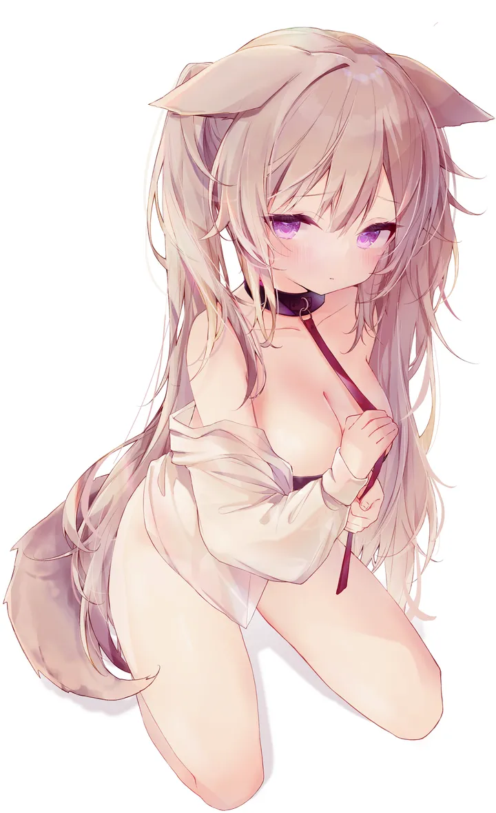 1girl,medium_breasts,breasts,cleavage,animal_ears,bangs,solo,twintails,closed_mouth,animal_collar,tail,hair_between_eyes,very_long_hair,simple_background,brown_hair,dog_girl,leash,dog_tail,dog_ears,white_background,white_shirt,looking_at_viewer,vertical,purple_eyes,blush,shirt,open_shirt,kneeling,collarbone,long_hair,long_sleeves,bare_shoulders,off_shoulder,collar,black_collar