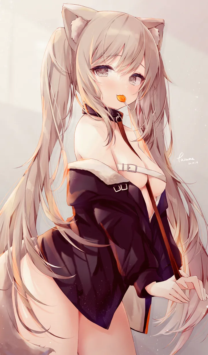 1girl,cowboy_shot,medium_breasts,breasts,animal_ears,bangs,solo,twintails,food_in_mouth,thighs,jacket,between_breasts,tail,very_long_hair,lollipop,brown_hair,brown_eyes,grey_hair,grey_background,mouth_hold,looking_at_viewer,vertical,standing,signature,candy,animal_ear_fluff,blush,open_jacket,open_clothes,small_breasts,long_hair,long_sleeves,bare_shoulders,off_shoulder,collar,food,black_jacket