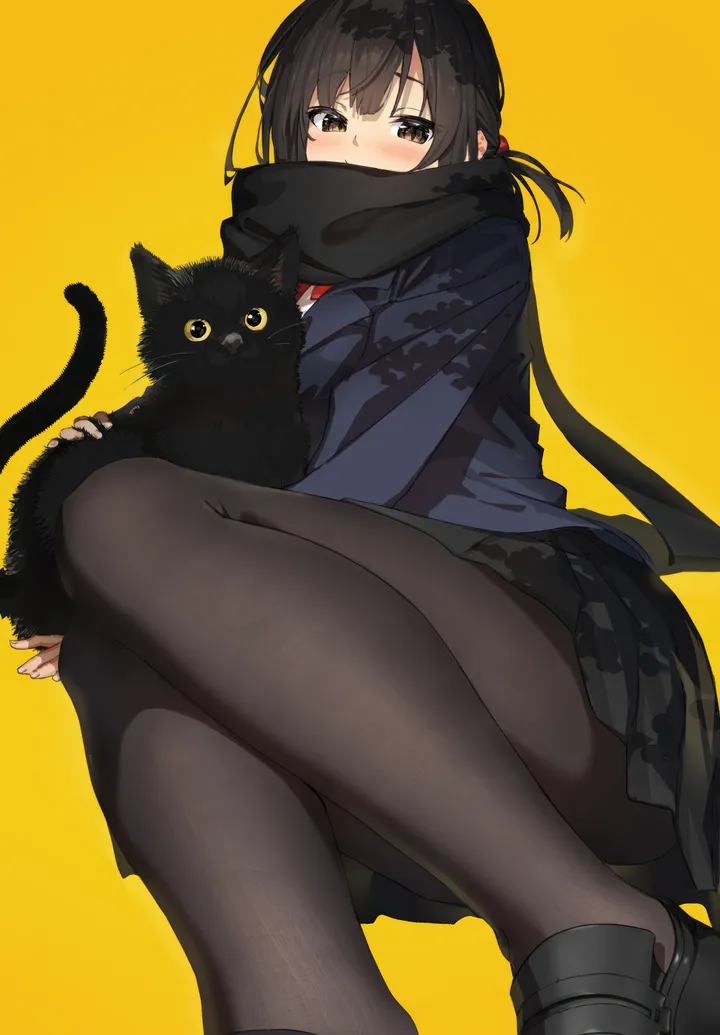 1girl,loafers,bangs,animal,solo,scarf,jacket,holding_cat,holding,simple_background,school_uniform,brown_eyes,cat,pleated_skirt,looking_at_viewer,skirt,vertical,blush,covered_mouth,blazer,pantyhose,long_sleeves,shoes,yellow_background,black_scarf,black_hair,black_cat,black_skirt,black_pantyhose,black_footwear