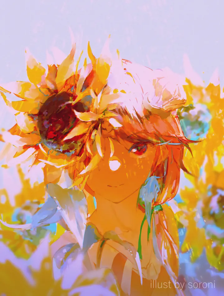 1girl,virtual_youtuber,one_eye_covered,bangs,solo,sunflower,multicolored_hair,portrait,hat,orange_hair,looking_at_viewer,vertical,purple_eyes,red_eyes,green_hair,feathers,feather_earrings,earrings,long_hair,flower,yellow_flower