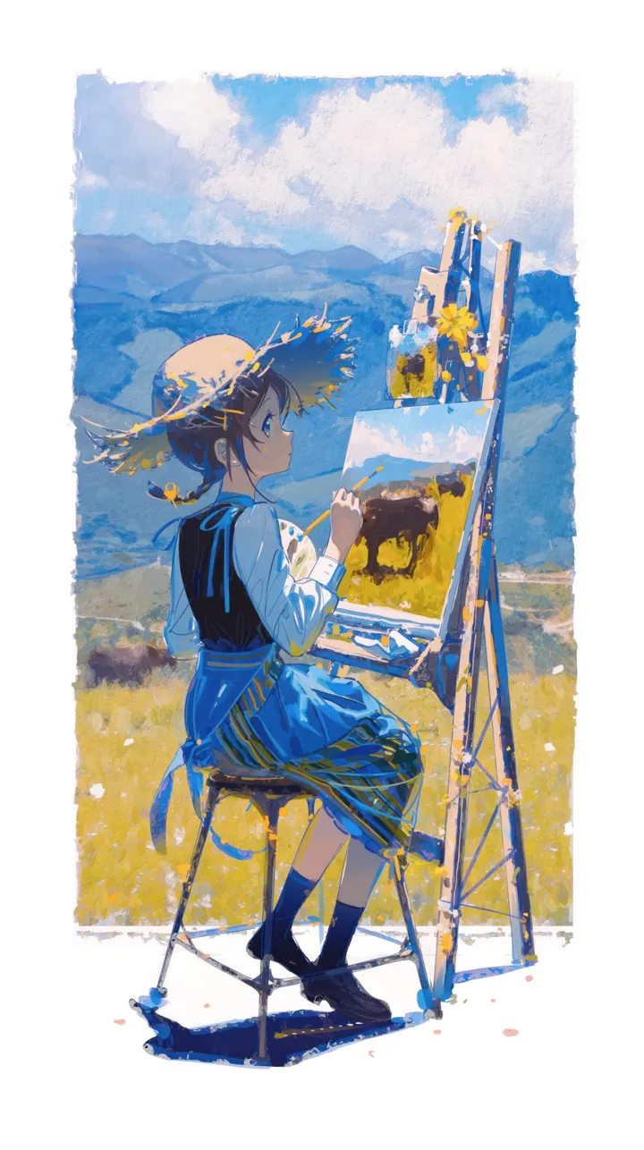 1girl,loafers,cloud,full_body,stool,animal,solo,hairclip,sitting,sky,hair_ornament,hat,outdoors,holding,striped_skirt,field,canvas_object,easel,day,white_shirt,short_hair,skirt,vertical,paintbrush,vest,straw_hat,blue_sky,blue_eyes,blue_skirt,shirt,socks,border,long_sleeves,shoes,black_hair,black_socks,black_footwear