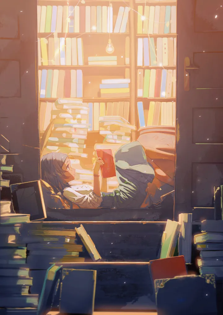 1girl,book,book_stack,bookshelf,on_back,from_side,profile,light_particles,solo,library,indoors,holding,holding_book,grey_hair,white_shirt,skirt,vertical,open_book,shirt,barefoot,lying,long_hair