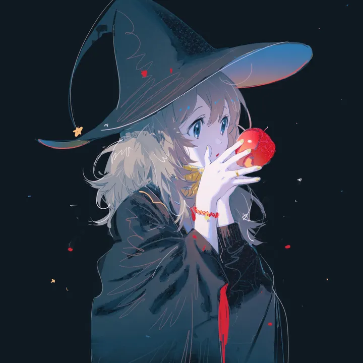 1girl,upper_body,bangs,solo,hands_up,witch_hat,wide_sleeves,hat,ring,bracelet,holding,holding_fruit,holding_food,star_symbol,simple_background,brown_hair,fruit,jewelry,vertical,apple,blue_eyes,long_hair,long_sleeves,food,witch,black_headwear,black_background