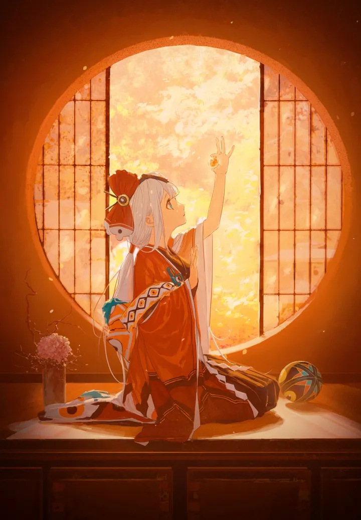 1girl,arm_up,looking_up,from_side,profile,bangs,solo,kimono,closed_mouth,sitting,hair_ornament,indoors,wide_sleeves,japanese_clothes,seiza,ball,white_hair,looking_away,window,vertical,pink_flower,vase,long_hair,long_sleeves,flower