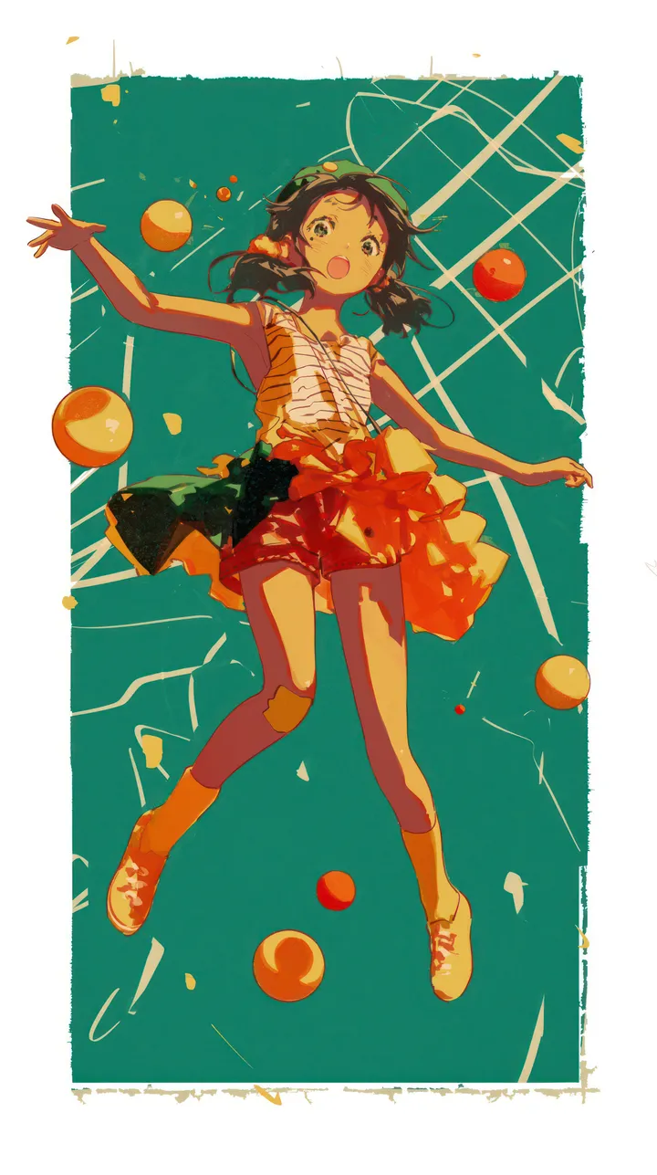 1girl,low_twintails,full_body,solo,twintails,hair_ornament,hat,open_mouth,striped_shirt,brown_hair,orange_shorts,looking_at_viewer,skirt,shorts,vertical,smile,clothes_around_waist,shirt,socks,shoes,food,yellow_socks,black_hair