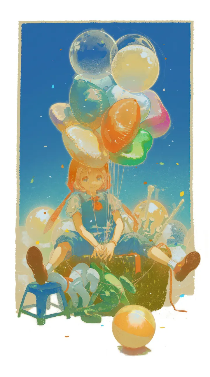 1girl,bangs,solo,sitting,sky,overalls,confetti,brown_footwear,orange_hair,balloon,white_shirt,white_socks,white_border,looking_at_viewer,short_sleeves,vertical,smile,blue_eyes,puffy_sleeves,shirt,socks,border,long_hair,shoes