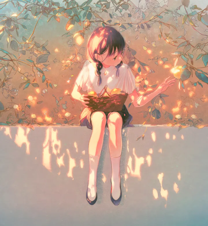 1girl,dappled_sunlight,braid,twin_braids,full_body,bangs,solo,closed_eyes,twintails,leaf,closed_mouth,sitting,outdoors,hair_over_shoulder,tree,fruit,white_shirt,white_socks,short_sleeves,skirt,vertical,basket,shirt,socks,long_hair,sunlight,shadow,shade,shoes,food,black_hair,black_skirt,black_footwear