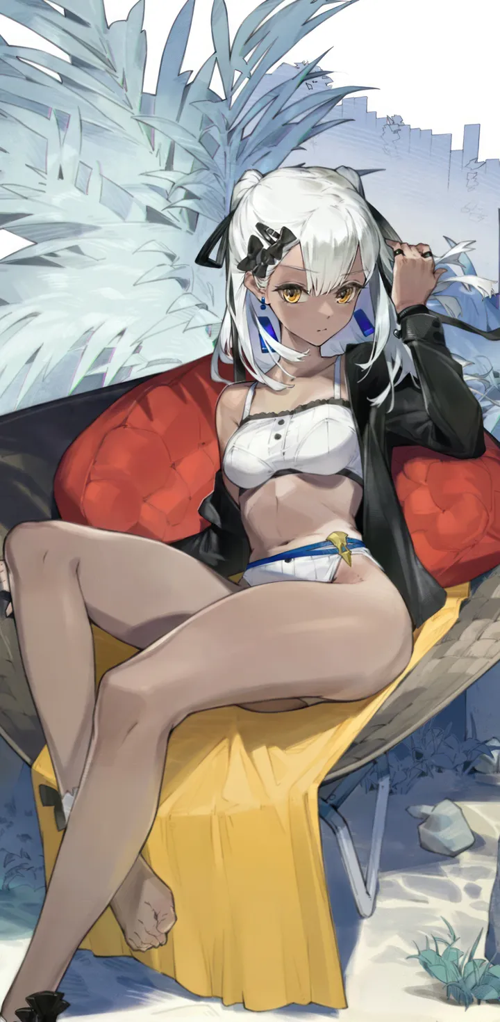 1girl,double_bun,ribbon,medium_breasts,breasts,solo,legs,hair_bun,sitting,thighs,hair_ribbon,hair_ornament,jacket,bikini,swimsuit,dark_skin,jewelry,white_hair,white_bikini,looking_at_viewer,vertical,earrings,navel,feet,toes,bare_legs,barefoot,open_jacket,open_clothes,long_hair,long_sleeves,off_shoulder,yellow_eyes,dark-skinned_female,black_jacket