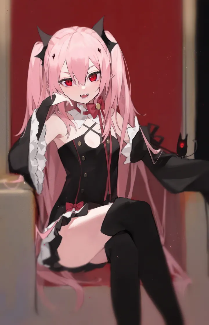 1girl,detached_sleeves,crossed_legs,solo,vampire,sitting,hair_ornament,pointy_ears,two_side_up,hair_between_eyes,open_mouth,very_long_hair,throne,looking_at_viewer,vertical,smile,pink_hair,red_eyes,red_bow,fang,bow,thighhighs,dress,long_hair,boots,bare_shoulders,black_thighhighs,black_dress