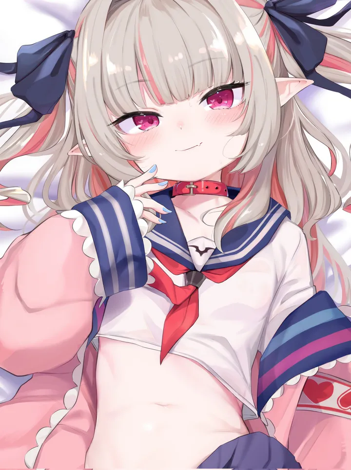 1girl,virtual_youtuber,neckerchief,ribbon,on_back,bangs,solo,closed_mouth,multicolored_hair,hair_ribbon,jacket,pointy_ears,bed_sheet,nail_polish,streaked_hair,school_uniform,serafuku,sailor_collar,grey_hair,white_shirt,looking_at_viewer,skirt,vertical,smile,pink_jacket,pink_eyes,red_neckerchief,navel,blush,blue_sailor_collar,fang,shirt,sleeves_past_wrists,open_jacket,lying,long_hair,long_sleeves,collar,black_ribbon