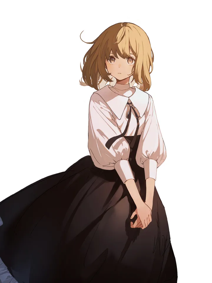 1girl,ribbon,medium_hair,bangs,solo,closed_mouth,simple_background,brown_hair,brown_eyes,white_background,white_shirt,looking_at_viewer,skirt,vertical,puffy_sleeves,shirt,blonde_hair,long_sleeves,long_skirt,neck_ribbon,black_ribbon,black_skirt