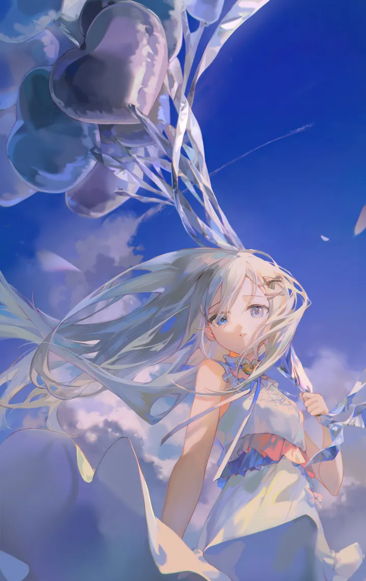 1girl,cloud,bangs,solo,hairclip,closed_mouth,sky,hair_ornament,very_long_hair,parted_lips,heart_balloon,outdoors,holding,holding_balloon,sleeveless,sleeveless_dress,balloon,grey_hair,day,white_hair,white_dress,looking_at_viewer,vertical,blue_sky,blue_eyes,bare_arms,dress,long_hair,bare_shoulders,wind,floating_hair