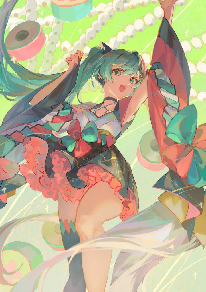 1girl,detached_sleeves,arm_up,criss-cross_halter,bangs,solo,single_thighhigh,feet_out_of_frame,twintails,kimono,hair_ornament,wide_sleeves,open_mouth,very_long_hair,japanese_clothes,aqua_hair,aqua_eyes,aqua_bow,looking_at_viewer,skirt,vertical,smile,frills,frilled_skirt,bow,thighhighs,long_hair,black_skirt,black_thighhighs