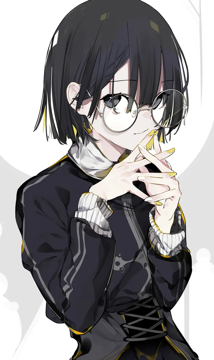 1girl,upper_body,bangs,solo,hands_up,own_hands_together,closed_mouth,round_eyewear,multicolored_hair,jacket,hair_between_eyes,fingernails,nail_polish,simple_background,jewelry,white_background,looking_at_viewer,glasses,short_hair,vertical,smile,earrings,long_sleeves,yellow_nails,yellow-framed_eyewear,black_hair,black_jacket,black_eyes