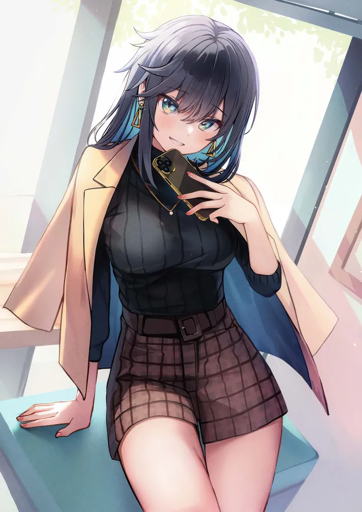 1girl,breasts,colored_inner_hair,bangs,solo,sitting,multicolored_hair,jacket,indoors,hair_between_eyes,phone,arm_support,hand_up,holding_phone,holding,nail_polish,smartphone,plaid,brown_jacket,brown_shorts,ribbed_sweater,sweater,jewelry,jacket_on_shoulders,belt,looking_at_viewer,shorts,cellphone,window,vertical,smile,earrings,blush,blue_hair,open_jacket,open_clothes,large_breasts,long_hair,long_sleeves,grin,necklace,black_hair,black_sweater