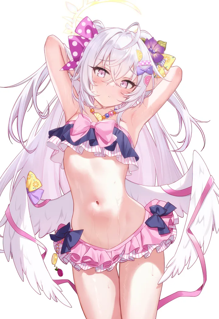 1girl,cowboy_shot,ribbon,arms_up,crossed_bangs,bangs,solo,arms_behind_head,ahoge,closed_mouth,halo,hair_flower,hair_ribbon,hair_ornament,two_side_up,stomach,hair_between_eyes,very_long_hair,simple_background,bikini,bikini_skirt,swimsuit,beads,bead_necklace,jewelry,white_hair,white_wings,white_background,looking_at_viewer,vertical,pink_eyes,purple_eyes,purple_flower,feathered_wings,wings,navel,blush,armpits,low_wings,frills,frilled_bikini,bow,hair_bow,wet,long_hair,necklace,flower