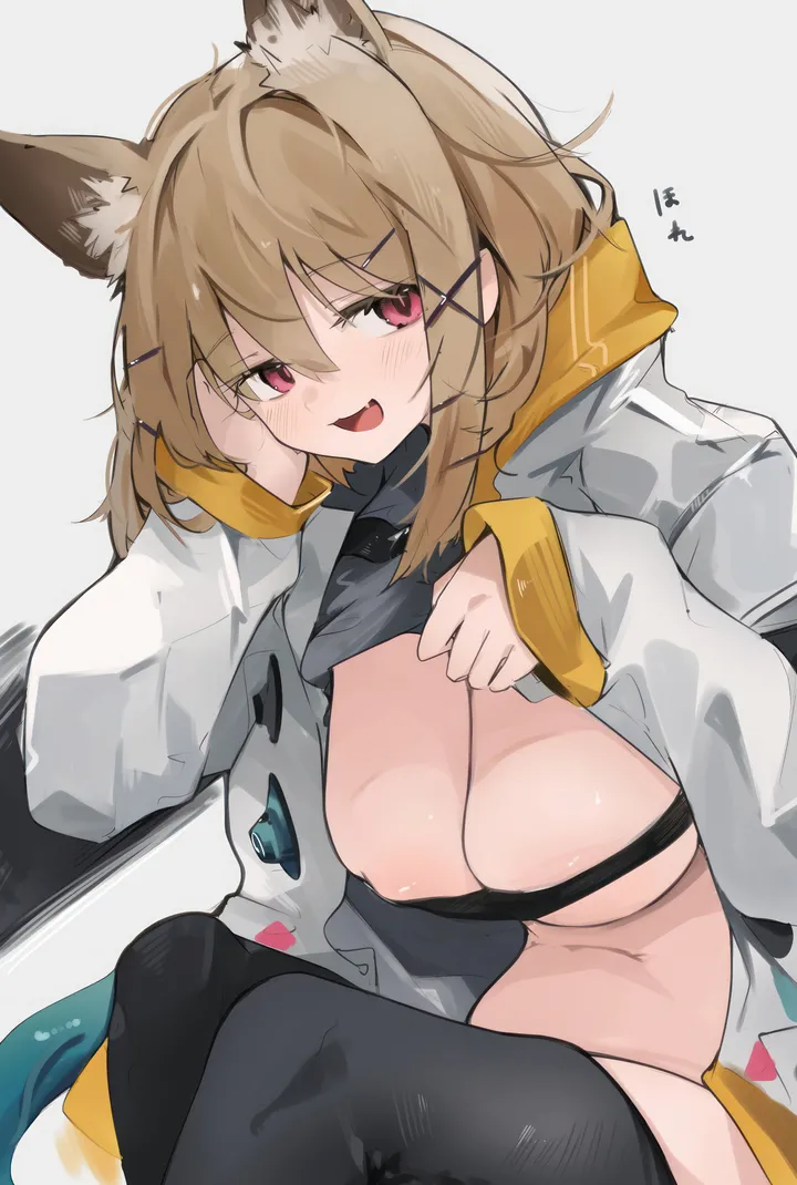 1girl,x_hair_ornament,breasts,areola_slip,cleavage,animal_ears,bangs,solo,hairclip,sitting,hair_ornament,jacket,tail,open_mouth,lifted_by_self,clothes_lift,simple_background,brown_hair,grey_shirt,white_jacket,white_background,looking_at_viewer,short_hair,vertical,smile,red_eyes,animal_ear_fluff,navel,blush,fang,skin_fang,shirt,shirt_lift,open_jacket,open_clothes,large_breasts,thighhighs,long_sleeves,black_thighhighs