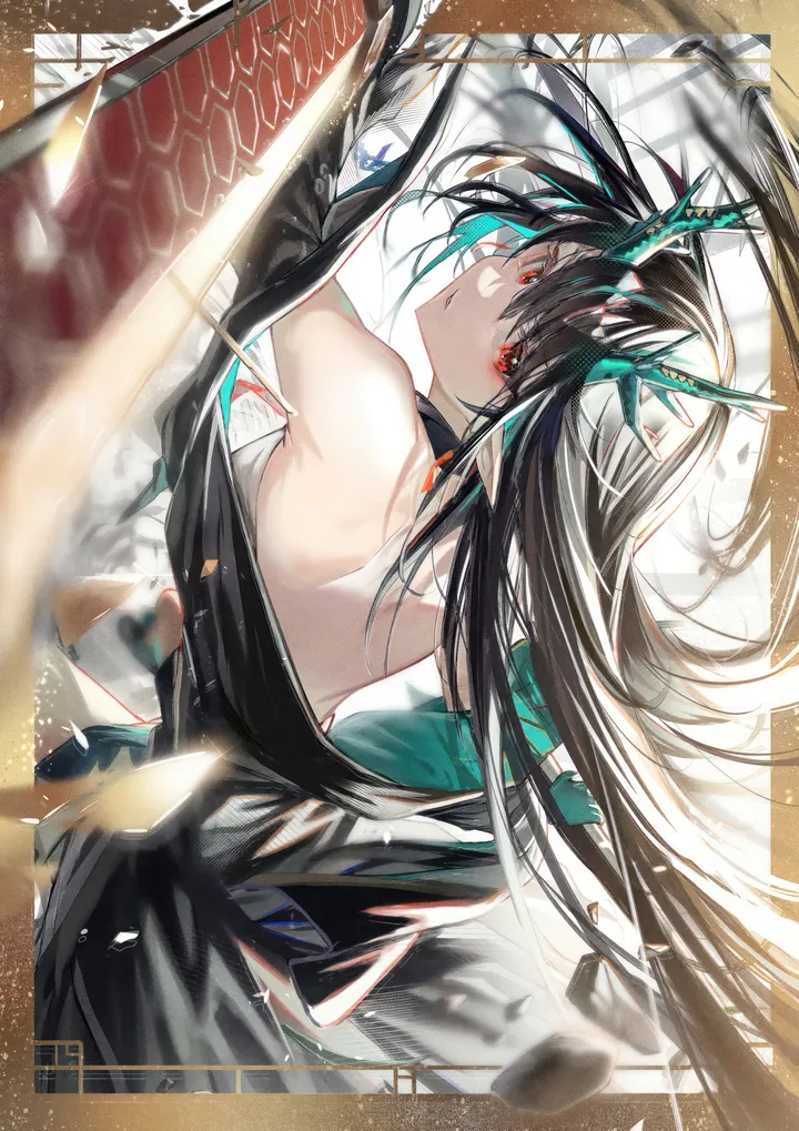 1girl,sword,solo,back,looking_back,multicolored_hair,jacket,pointy_ears,colored_skin,very_long_hair,holding_sword,holding_weapon,holding,streaked_hair,weapon,jewelry,white_dress,looking_at_viewer,vertical,red_eyes,earrings,from_behind,horns,dress,long_hair,bare_shoulders,off_shoulder,backless_outfit,black_hair,black_jacket,dragon_girl,dragon_horns