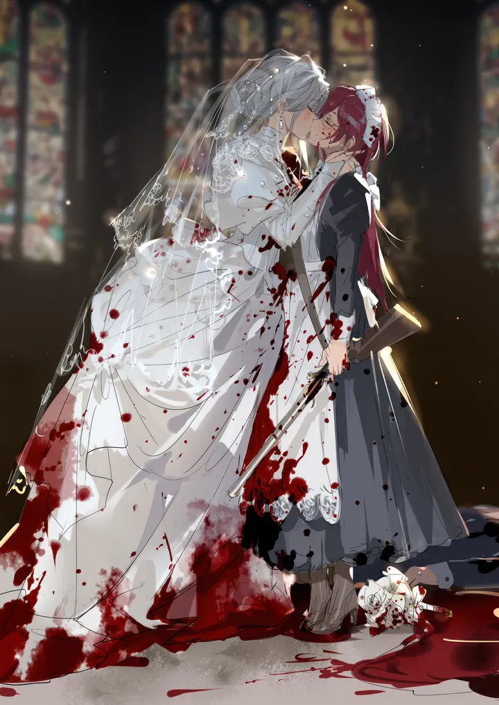 2girls,kiss,closed_eyes,apron,multiple_girls,maid,maid_apron,maid_headdress,wedding,wedding_dress,bridal_veil,stained_glass,imminent_kiss,holding_weapon,holding_gun,holding,church,gun,rifle,weapon,jewelry,white_hair,white_dress,yuri,wife_and_wife,alternate_costume,vertical,standing,red_hair,earrings,blood,blood_on_clothes,dress,long_hair,long_dress,veil,flower