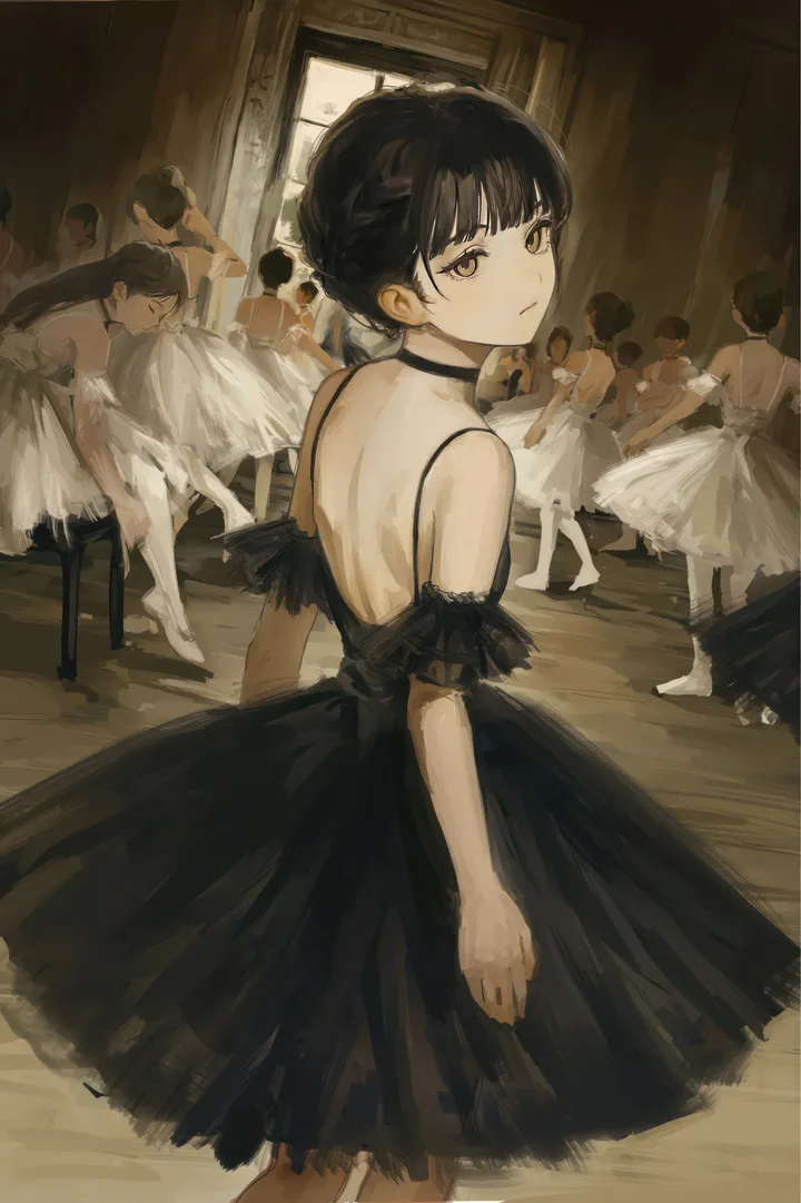 6-girls,braid,bangs,solo_focus,single_hair_bun,closed_mouth,looking_back,hair_bun,multiple_girls,indoors,brown_eyes,mole_under_eye,mole,looking_at_viewer,short_hair,vertical,standing,from_behind,ballerina,ballet,tutu,ballet_slippers,dancing,dress,pantyhose,bare_shoulders,backless_outfit,backless_dress,choker,black_hair,black_dress,black_choker