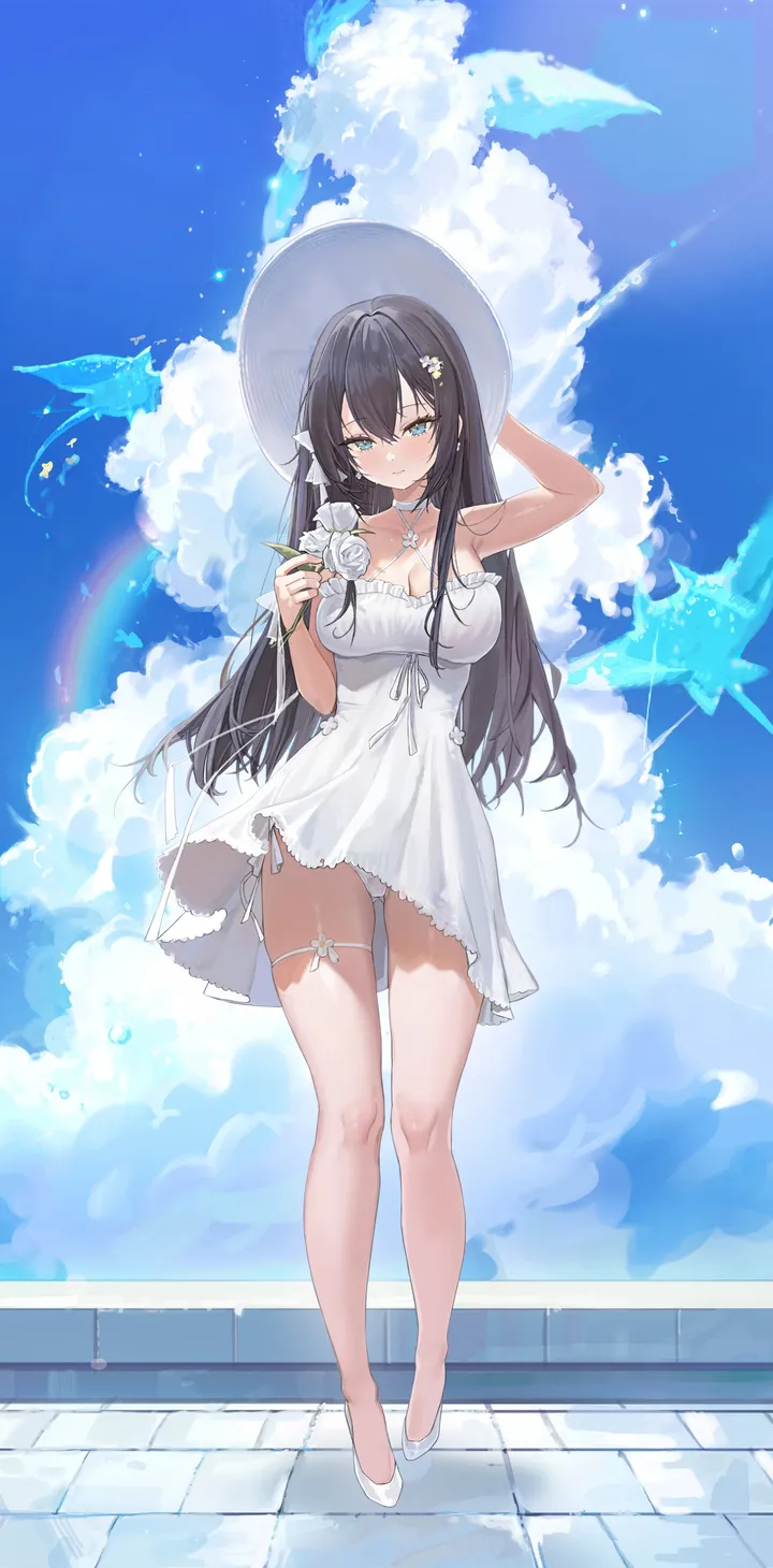 1girl,arm_up,breasts,cleavage,cloud,crossed_bangs,side-tie_panties,full_body,underwear,panties,pantyshot,bangs,solo,side-tie_peek,closed_mouth,cloudy_sky,thighs,thigh_strap,sky,sun_hat,sundress,hair_ornament,hat,hair_between_eyes,rainbow,outdoors,hand_on_headwear,hand_up,holding,holding_flower,sleeveless,sleeveless_dress,rose,day,white_panties,white_headwear,white_rose,white_flower,white_dress,white_footwear,white_choker,looking_at_viewer,vertical,standing,smile,string_panties,halterneck,blush,blue_sky,blue_eyes,bare_legs,bare_arms,large_breasts,short_dress,dress,collarbone,long_hair,bare_shoulders,halter_dress,choker,high_heels,flower,black_hair