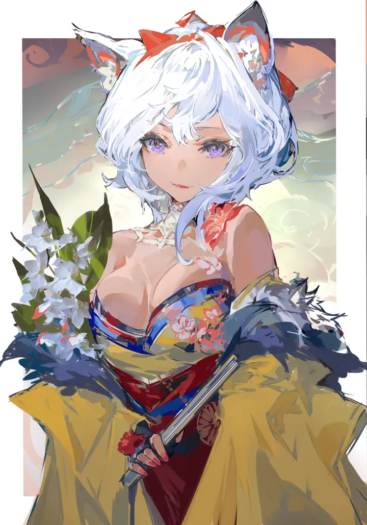 1girl,medium_breasts,breasts,cleavage,upper_body,animal_ears,bangs,solo,hairband,kimono,closed_mouth,official_alternate_costume,hand_fan,gloves,folding_fan,holding_fan,holding,fingerless_gloves,japanese_clothes,dark_skin,cat_ears,white_hair,white_flower,looking_at_viewer,short_hair,vertical,smile,purple_eyes,red_nails,red_bow,animal_ear_fluff,bow,hair_bow,folded_fan,bare_shoulders,off_shoulder,flower,yellow_kimono,dark-skinned_female,black_gloves