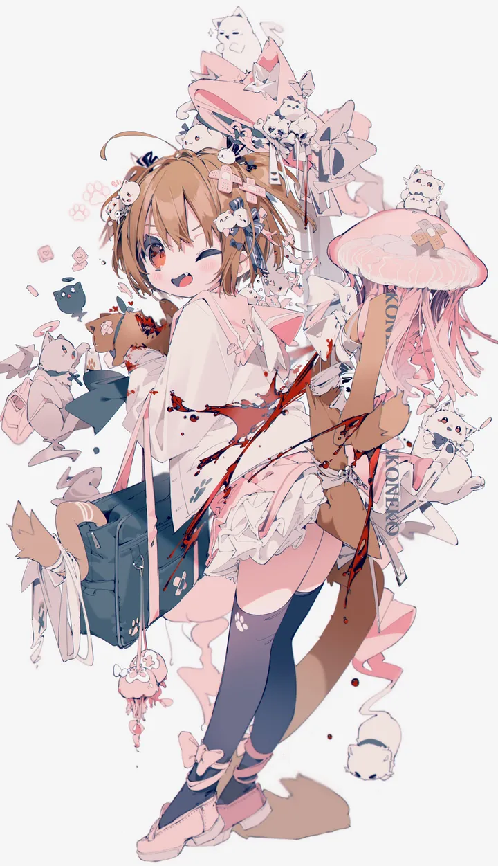 1girl,ribbon,full_body,bangs,bag,solo,shoulder_bag,ahoge,looking_back,hair_ornament,tail,open_mouth,holding,simple_background,school_uniform,brown_hair,sailor_collar,white_background,white_shirt,looking_at_viewer,short_hair,skirt,vertical,standing,smile,pink_footwear,red_eyes,blush,fang,bow,blood,shirt,thighhighs,dress,long_sleeves,one_eye_closed,shoes,black_thighhighs