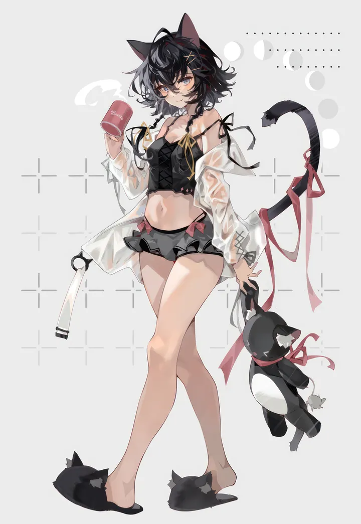 1girl,braid,ribbon,medium_breasts,breasts,cleavage,full_body,animal_ears,underwear,messy_hair,bangs,animal_slippers,see-through,solo,hairclip,ahoge,closed_mouth,thighs,hair_ornament,jacket,camisole,micro_shorts,stomach,tail,hair_between_eyes,holding_cup,holding_stuffed_toy,slippers,holding,simple_background,cup,stuffed_animal,stuffed_toy,teddy_bear,cat_girl,cat_tail,cat_ears,white_background,looking_at_viewer,skirt,shorts,vertical,standing,smile,short_shorts,red_ribbon,navel,spaghetti_strap,frills,blue_eyes,shirt,bare_legs,open_clothes,long_sleeves,midriff,bare_shoulders,off_shoulder,crop_top,mug,black_hair,black_shorts