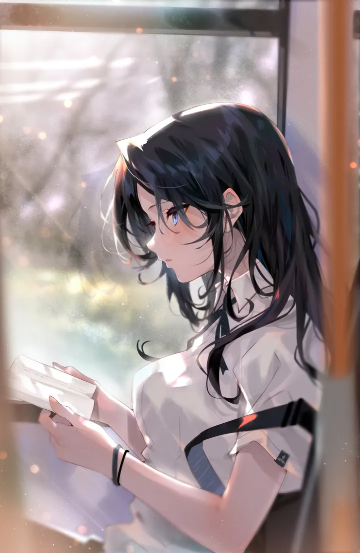 1girl,medium_breasts,book,breasts,upper_body,from_side,profile,train_interior,bangs,solo,parted_lips,holding,holding_book,collared_shirt,school_uniform,blurry,blurry_background,white_shirt,short_sleeves,window,vertical,blush,blue_eyes,clothes_around_waist,shirt,long_hair,necktie,black_hair