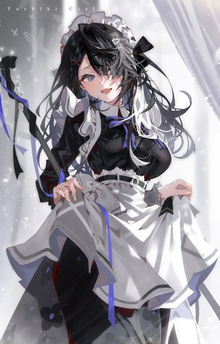 1girl,braid,ribbon,breasts,bangs,solo,hairclip,apron,multicolored_hair,hair_ornament,hair_over_one_eye,maid,maid_apron,maid_headdress,open_mouth,skirt_hold,white_apron,looking_at_viewer,curtains,vertical,smile,frills,blue_ribbon,blue_eyes,fang,bug,bow,large_breasts,dress,long_hair,long_sleeves,neck_ribbon,black_hair,black_dress