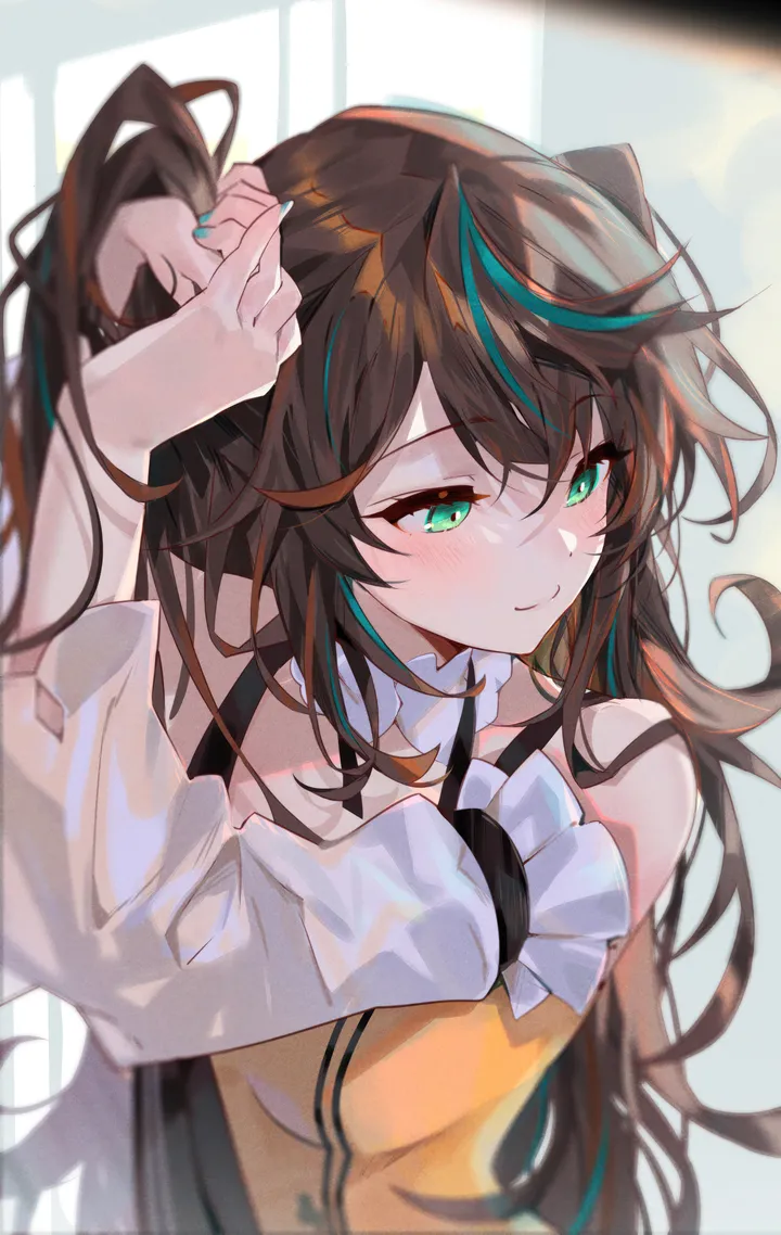 1girl,virtual_youtuber,detached_sleeves,breasts,upper_body,bangs,solo,multicolored_hair,tying_hair,streaked_hair,adjusting_hair,brown_hair,vertical,smile,green_hair,green_eyes,blush,long_hair