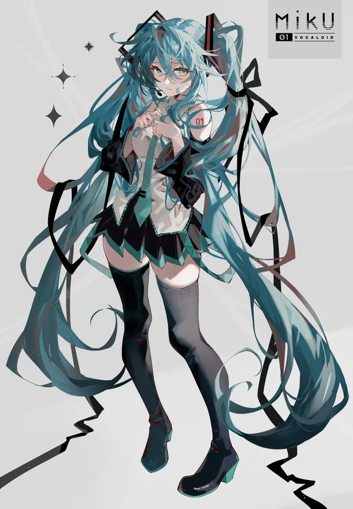 1girl,detached_sleeves,full_body,bangs,solo,hands_up,twintails,hair_ornament,headset,hair_between_eyes,very_long_hair,sleeveless,sleeveless_shirt,collared_shirt,simple_background,aqua_hair,aqua_eyes,white_background,pleated_skirt,looking_at_viewer,skirt,vertical,standing,zettai_ryouiki,shirt,thighhighs,miniskirt,long_hair,boots,bare_shoulders,necktie,thigh_boots,black_skirt,black_sleeves,black_thighhighs,black_footwear