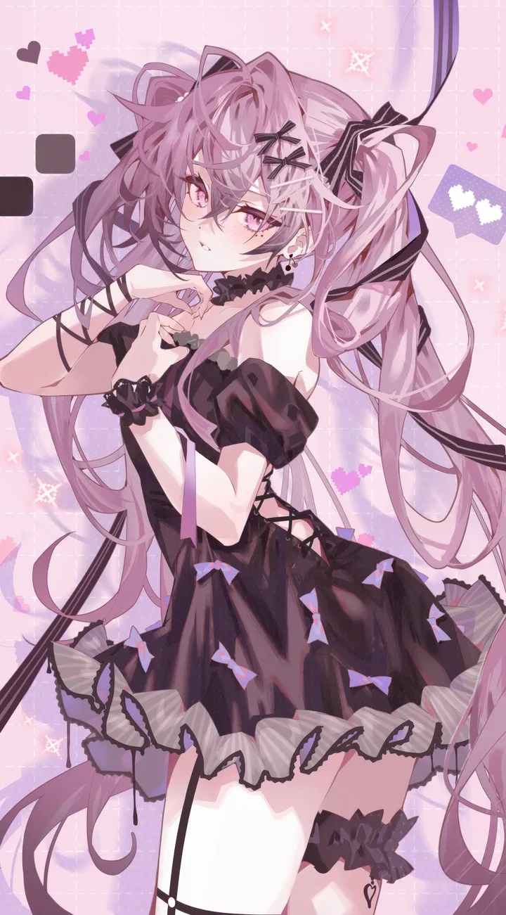 1girl,x_hair_ornament,cowboy_shot,ribbon,bangs,solo,twintails,hairclip,thigh_strap,hair_ribbon,hair_ornament,hair_between_eyes,very_long_hair,parted_lips,heart,jewelry,looking_at_viewer,vertical,pink_hair,pink_eyes,purple_hair,purple_eyes,earrings,blush,frills,bow,hair_bow,dress,long_hair,bare_shoulders,choker,black_dress