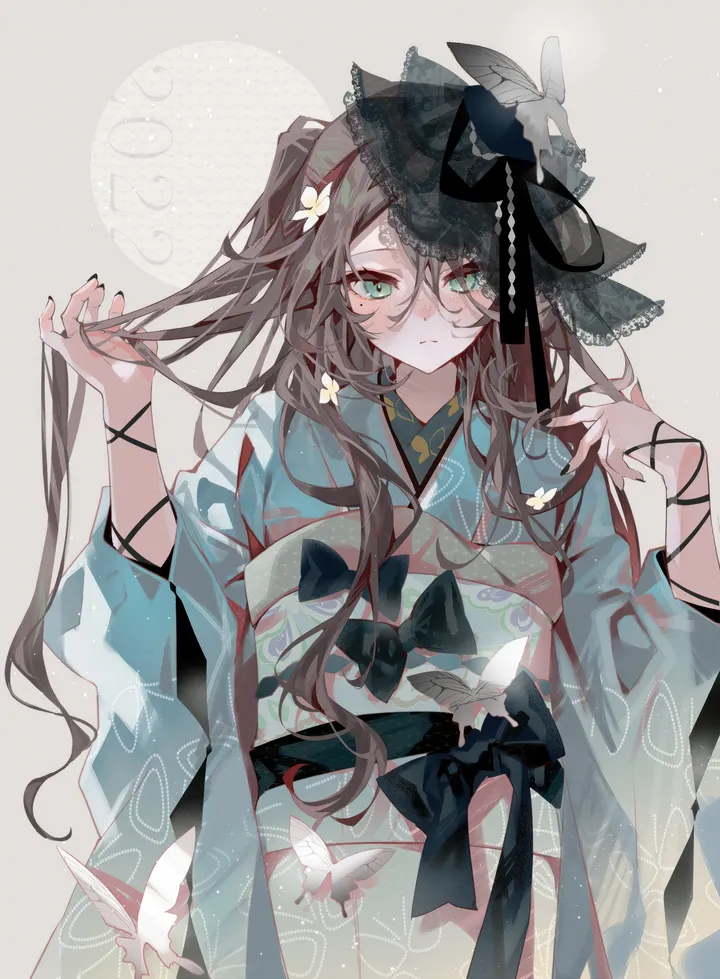 1girl,cowboy_shot,ribbon,bangs,solo,hands_up,kimono,obi,closed_mouth,hair_flower,hair_ornament,wide_sleeves,hair_between_eyes,nail_polish,japanese_clothes,sash,simple_background,brown_hair,white_background,looking_at_viewer,vertical,green_eyes,blush,blue_kimono,bug,butterfly,bow,long_hair,long_sleeves,flower,black_nails