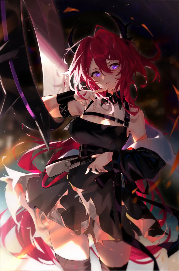 1girl,cowboy_shot,medium_breasts,breasts,cleavage,bangs,solo,jacket,hair_between_eyes,very_long_hair,parted_lips,demon_girl,demon_horns,weapon,belt,looking_at_viewer,vertical,purple_eyes,red_hair,chest_strap,armband,horns,thighhighs,short_dress,dress,long_hair,bare_shoulders,off_shoulder,detached_collar,black_jacket,black_thighhighs,black_dress