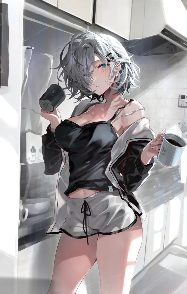 1girl,cowboy_shot,breasts,cleavage,bangs,solo,kitchen,hairclip,coffee_mug,thighs,hair_ornament,hair_over_one_eye,jacket,camisole,indoors,parted_lips,holding_cup,holding,cup,dolphin_shorts,grey_hair,white_shorts,looking_at_viewer,short_hair,shorts,vertical,standing,short_shorts,navel,spaghetti_strap,blush,blue_eyes,strap_slip,shirt,open_jacket,open_clothes,large_breasts,long_sleeves,bare_shoulders,off_shoulder,mug,black_jacket,black_shirt