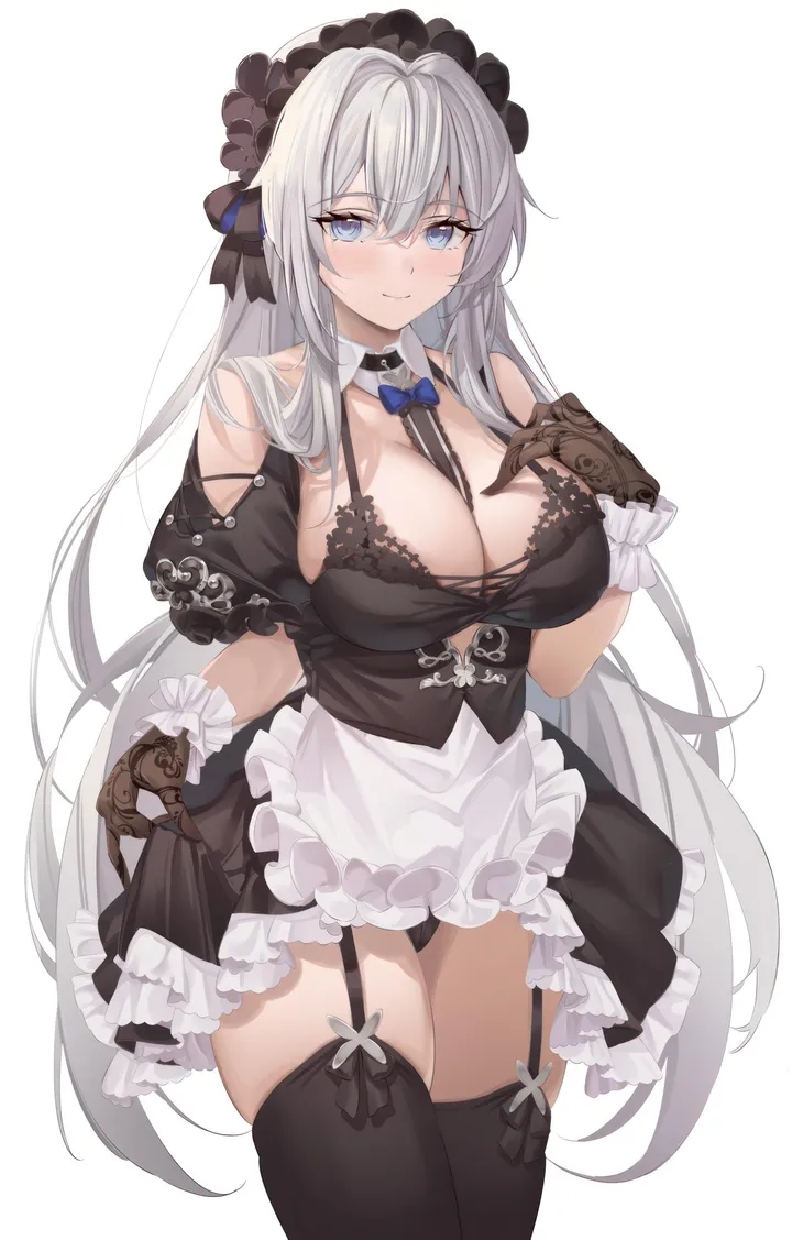 1girl,breasts,cleavage,underwear,panties,bangs,solo,garter_straps,closed_mouth,apron,thighs,between_breasts,maid,maid_apron,maid_headdress,very_long_hair,gloves,simple_background,grey_hair,white_apron,white_hair,white_background,looking_at_viewer,short_sleeves,skirt,vertical,smile,blush,frills,frilled_dress,blue_eyes,large_breasts,thighhighs,dress,long_hair,bare_shoulders,necktie,necktie_between_breasts,bowtie,detached_collar,black_panties,black_thighhighs,black_dress