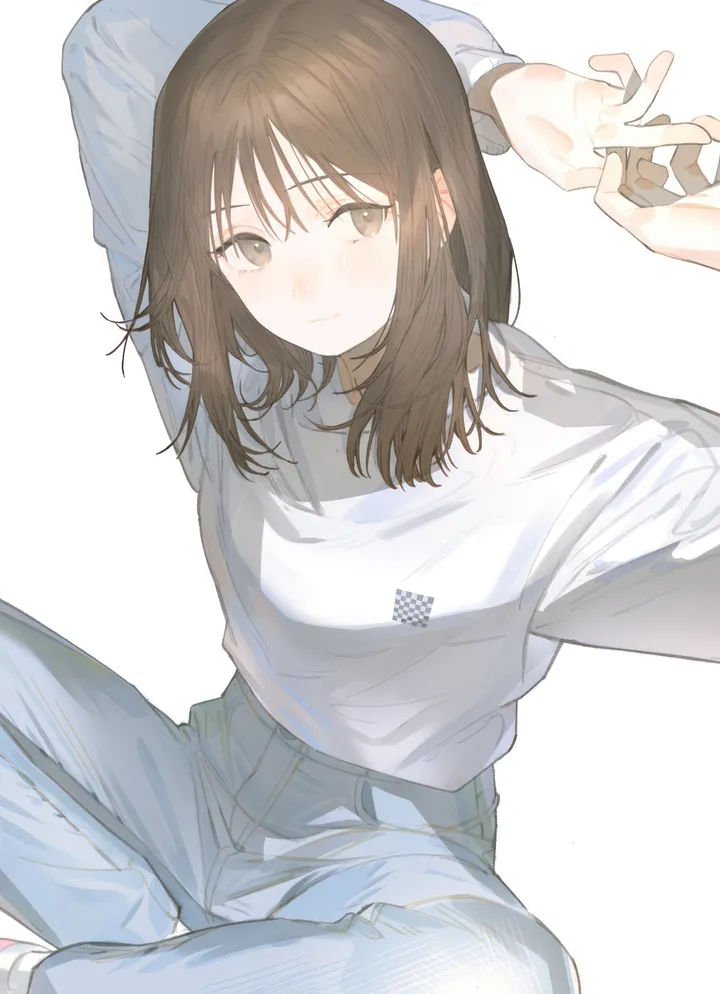 1girl,medium_hair,arms_up,bangs,solo,closed_mouth,sitting,simple_background,brown_hair,brown_eyes,sweater,denim,jeans,white_background,white_shirt,indian_style,looking_at_viewer,vertical,smile,blush,blue_pants,shirt,pants,long_hair,long_sleeves