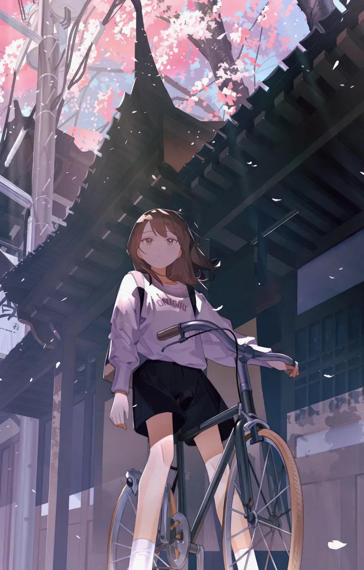 1girl,from_below,bangs,bag,solo,backpack,closed_mouth,ground_vehicle,building,outdoors,tree,brown_hair,brown_eyes,cherry_blossoms,day,white_shirt,white_socks,shorts,vertical,standing,bicycle,petals,shirt,socks,long_hair,long_sleeves,black_shorts