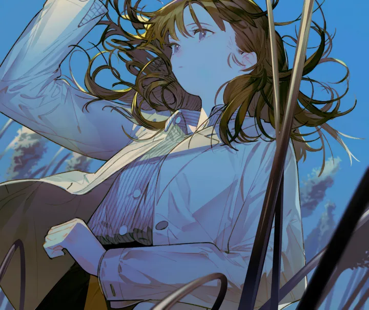 1girl,upper_body,bangs,solo,closed_mouth,sky,jacket,outdoors,hand_up,collared_shirt,striped,striped_shirt,brown_hair,day,white_jacket,white_shirt,skirt,vertical,blue_sky,blue_shirt,shirt,open_clothes,long_hair,long_sleeves,floating_hair