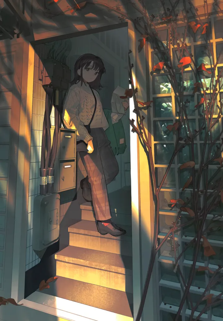 1girl,medium_hair,bangs,bag,solo,stairs,leaf,indoors,wide_shot,hand_in_pocket,holding,plaid,brown_pants,plant,sweater,white_sweater,looking_at_viewer,short_hair,autumn_leaves,window,vertical,standing,pants,long_sleeves,door,shadow,shoes,black_hair,black_footwear